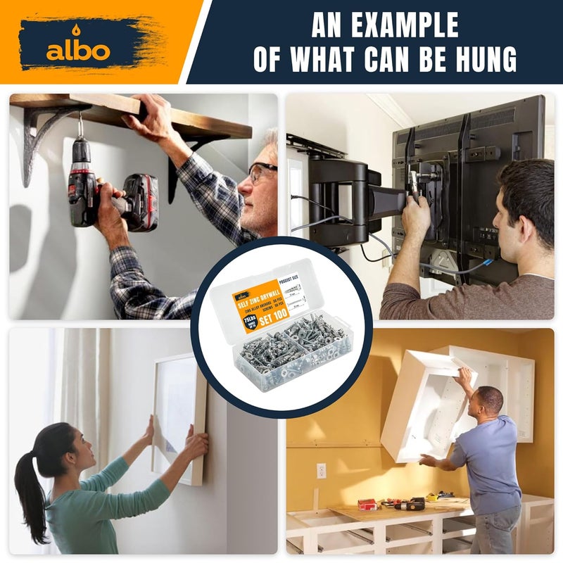ALBO #6 Zinc Self-Drilling Drywall Anchors, 100PC Set – Includes 50 Heavy Duty Sheetrock Anchors & 50#6 x 1-1/4'' Screws – 75LB Capacity for Hanging and Mounting - Image 5